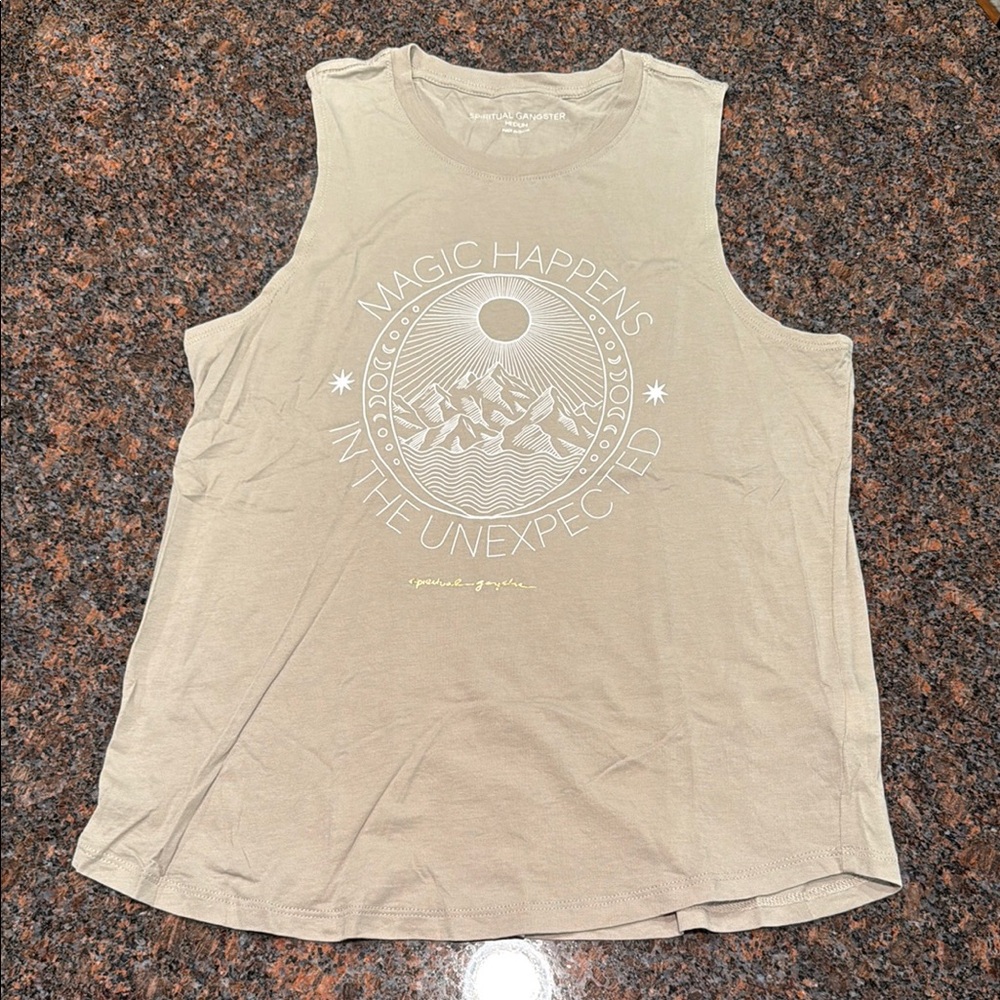 Spiritual Gangster Taupe Muscle Tee with White Graphic size Medium